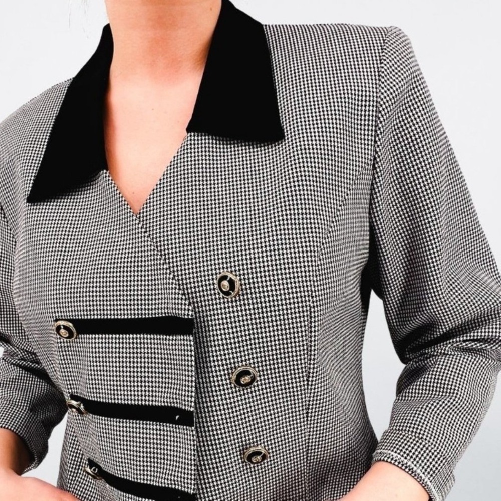Sheri Martin Vintage Houndstooth Cropped Blazer Velvet Collar Black White 14P - Picture 5 of 8